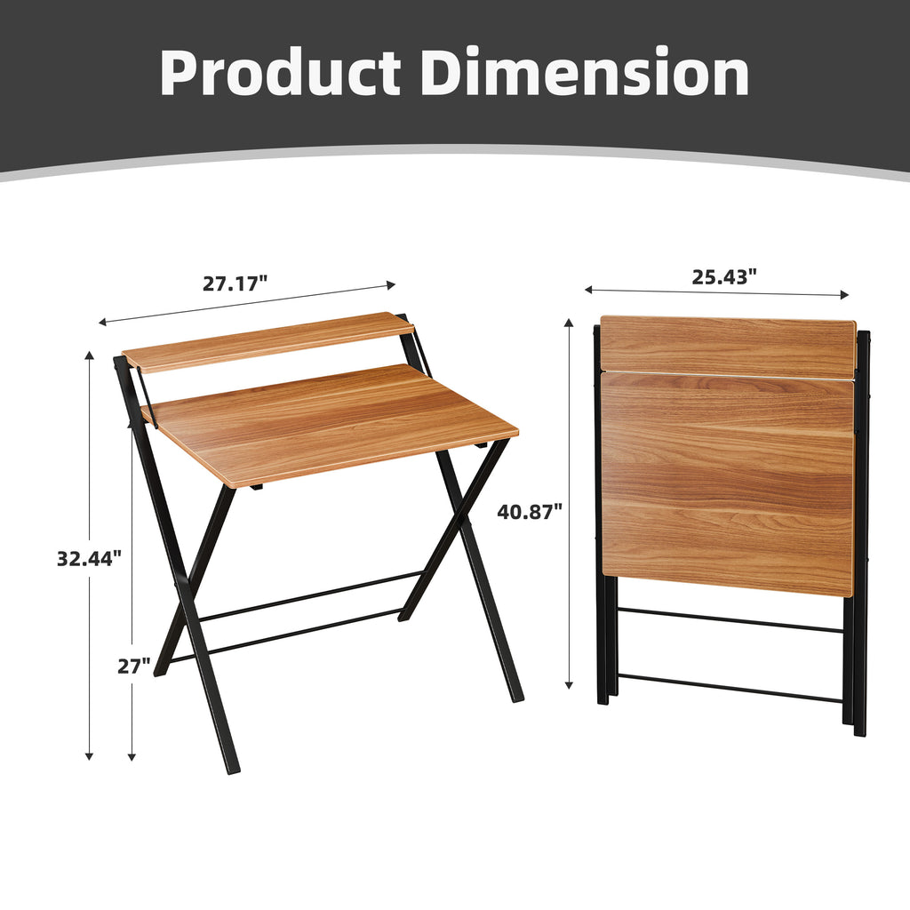 JIOABL No Assembly Folding Desk with Shelf – 2-Tier Compact Space-Saving Laptop Computer Table, Portable Study Workstation for Small Apartment, Dorm, Bedroom & Home Office
