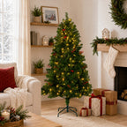 JIOABL Pre-Lit Artificial Spruce Christmas Tree, Pre-Decorated with Pinecones & Berries, Sturdy Metal Stand Base
