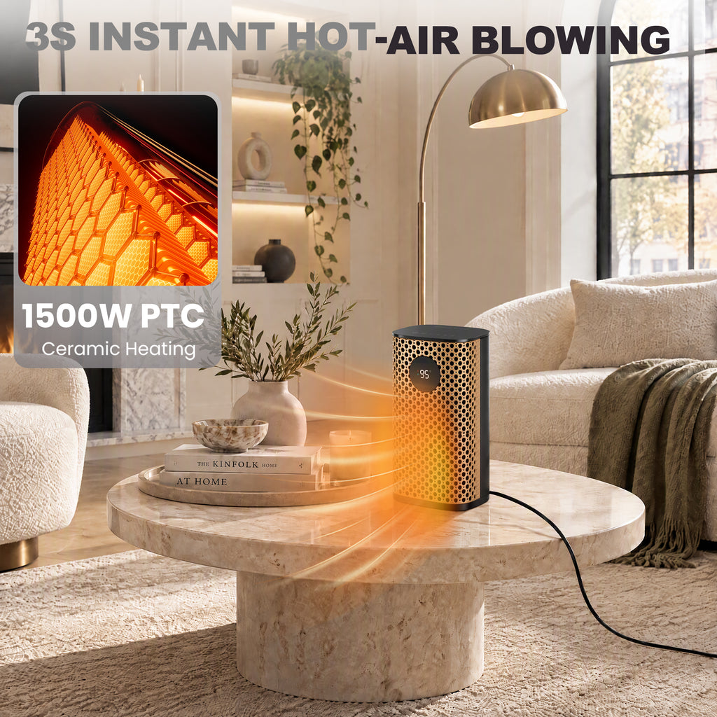 JIOABL Square Desktop Heater | 1500W, 5 Working Modes, 70° Oscillation, Quiet, Tip-Over and Overheat Safety Protection