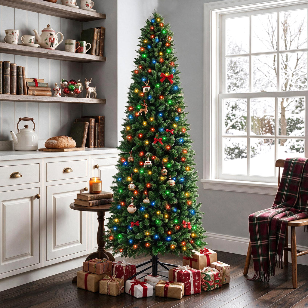 JIOABL Pre-Lit Fraser Fir Pencil Artificial Christmas Tree, Premium Multicolor LED Lights