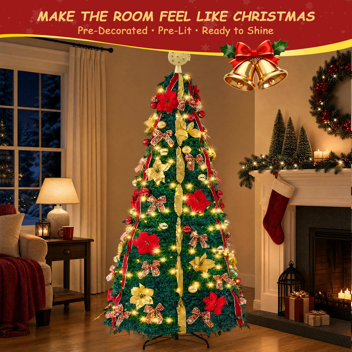 JIOABL 7FT Pop Up Christmas Tree, Pre-Lit with 200 LED Lights, Santa Projects Snowman, Fully Decorated, 7 Colors, 32 Light Modes with Remote, Stores Flat for Indoor Holiday Decor