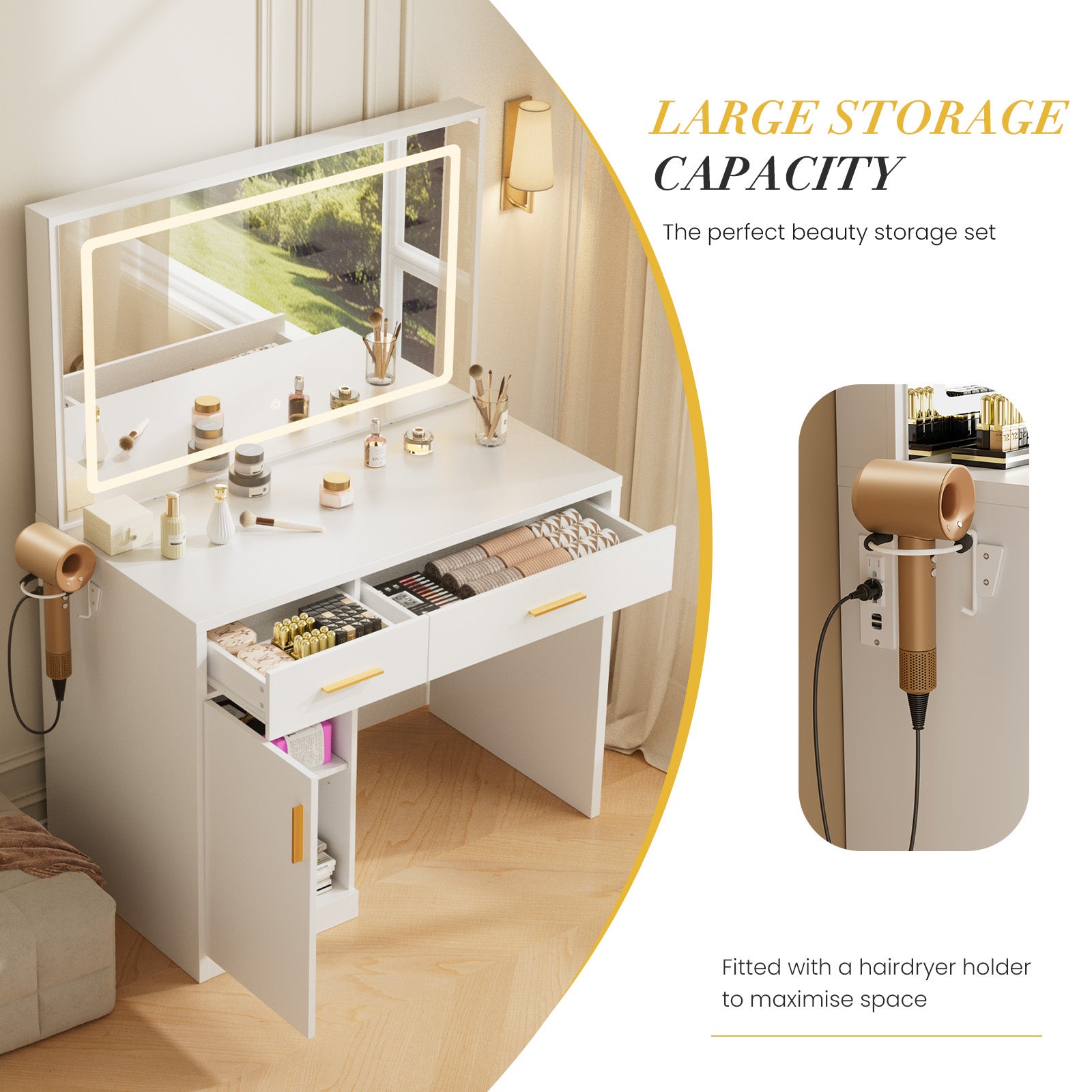 JIOABL Dressing Table with Mirror and Light, Adjustable Brightness Dressing Table with Drawers and Storage Shelves, White