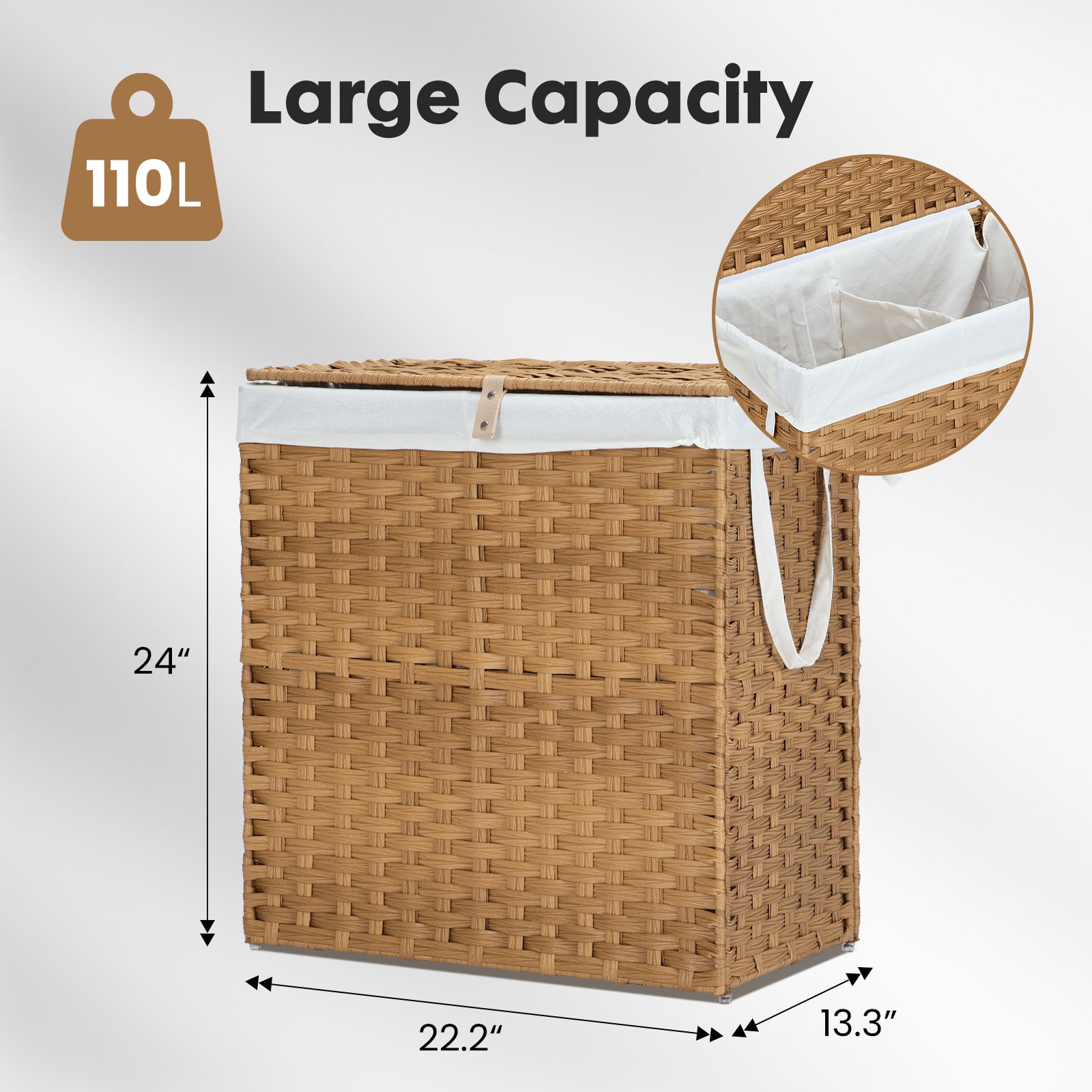 JIOABL Laundry Hamper with Lid, Clothes Hamper with Removable Liner Bags, Synthetic Rattan Laundry Basket for Clothes Toys in Bathroom Bedroom