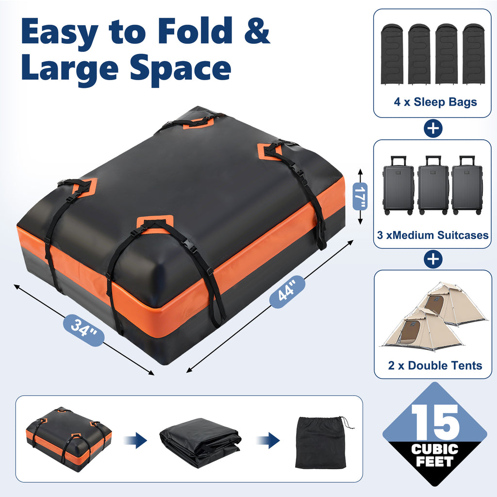 JIOABL Waterproof Car Roof Bag, 15 Cu Ft Rooftop Cargo Carrier with 6 Safety Hooks, Anti-Slip Mat, Lock, and Storage Bag for Cars & SUVs