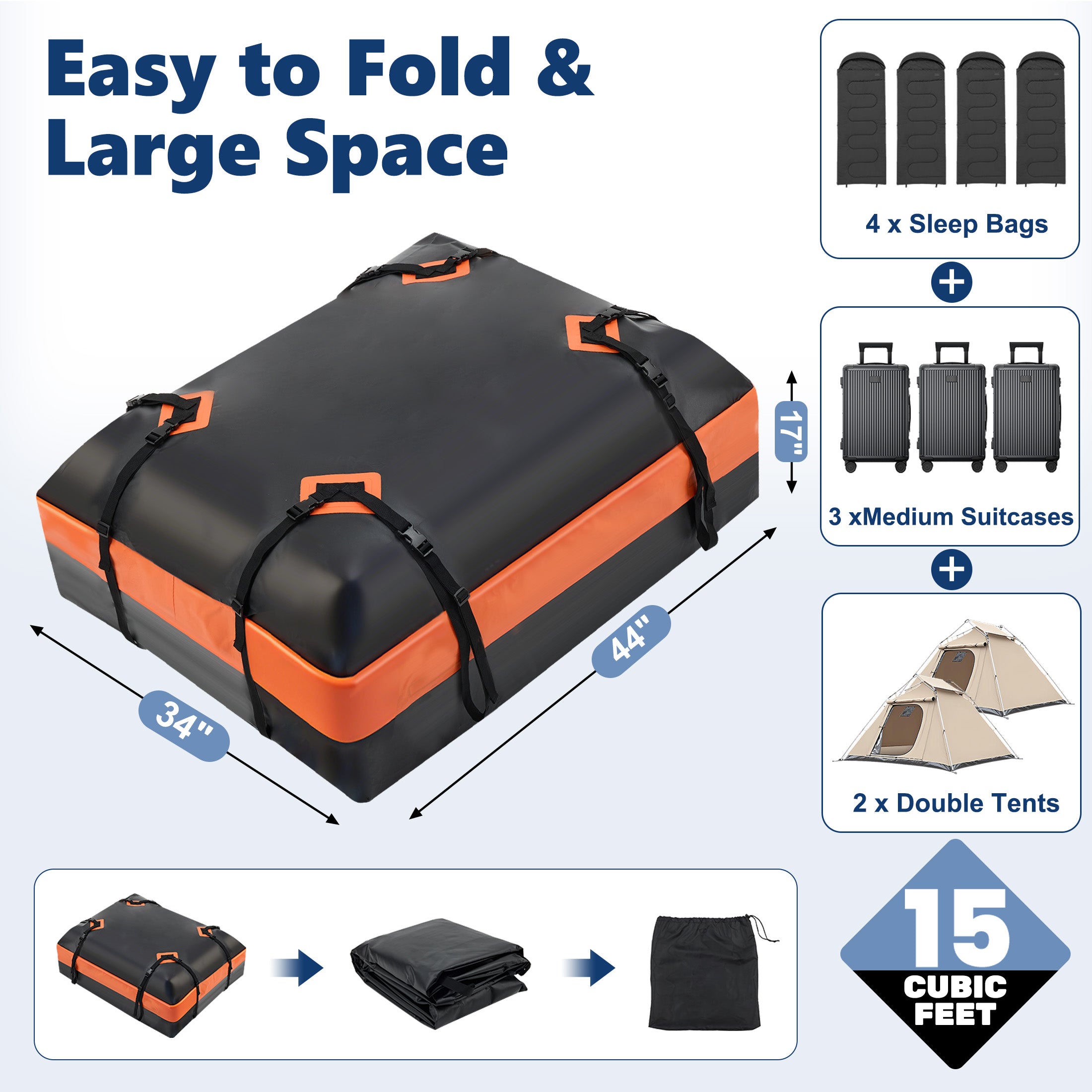 JIOABL Waterproof Car Roof Bag, 15 Cu Ft Rooftop Cargo Carrier with 6 Safety Hooks, Anti-Slip Mat, Lock, and Storage Bag for Cars & SUVs