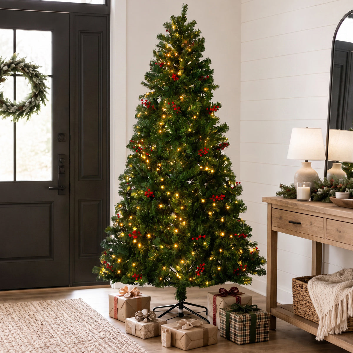 JIOABL Pre-Lit Artificial Spruce Christmas Tree, Pre-Decorated with Pinecones & Berries, Sturdy Metal Stand Base