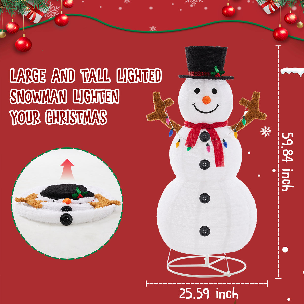 JIOABL 5ft Lighted Snowman, Large Outdoor Christmas Decoration with 200 LED Lights, Multicolored Scarf and Hat
