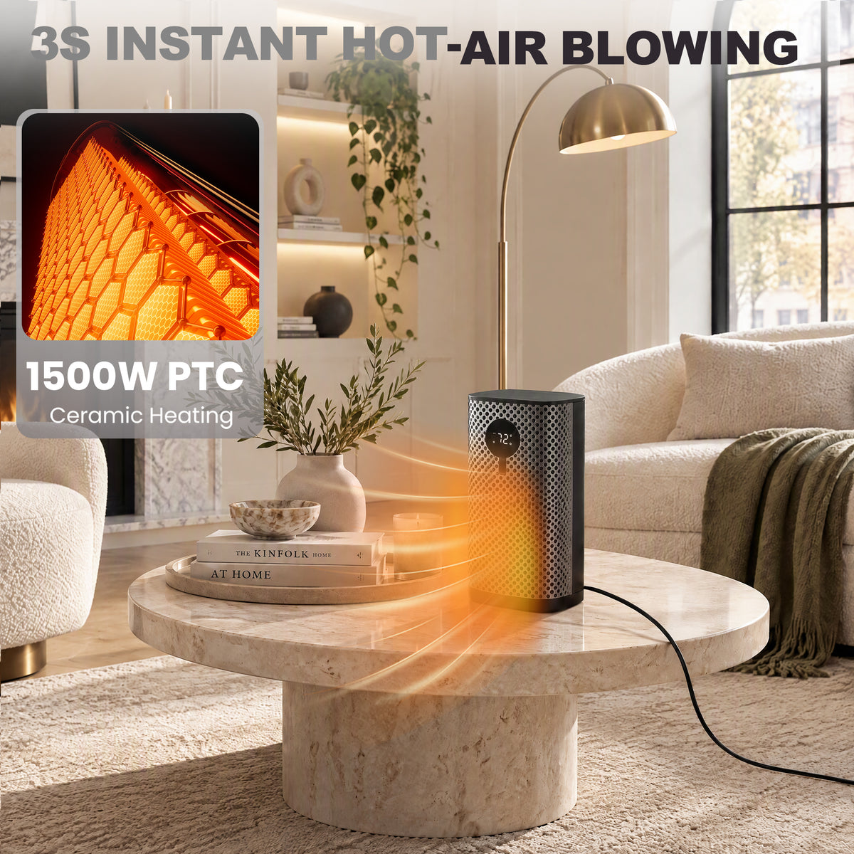 JIOABL Square Desktop Heater | 1500W, 5 Working Modes, 70° Oscillation, Quiet, Tip-Over and Overheat Safety Protection