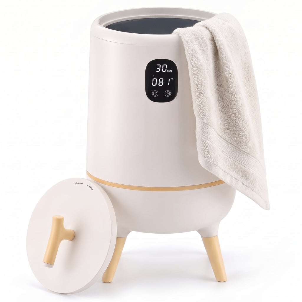 JIOABL 20L High-Leg Round Towel Warmer Bucket | Fits Two 40"x70" Towels, One-Touch, 60 Min Timer, Bluetooth Speaker & Ambient Ligh
