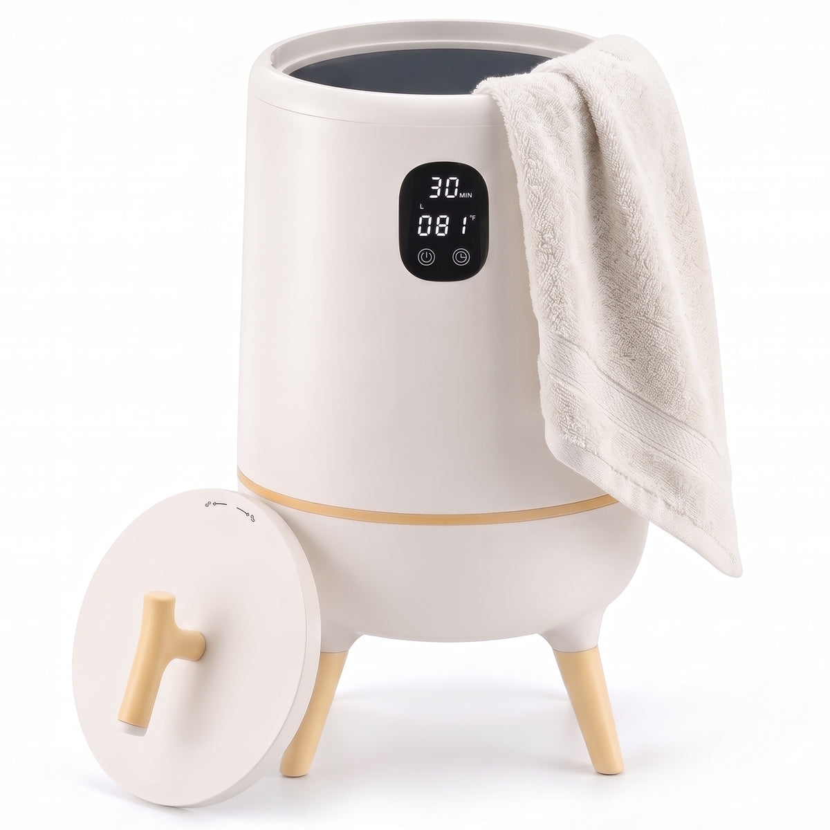 JIOABL 20L High-Leg Round Towel Warmer Bucket | Fits Two 40"x70" Towels, One-Touch, 60 Min Timer, Bluetooth Speaker & Ambient Ligh
