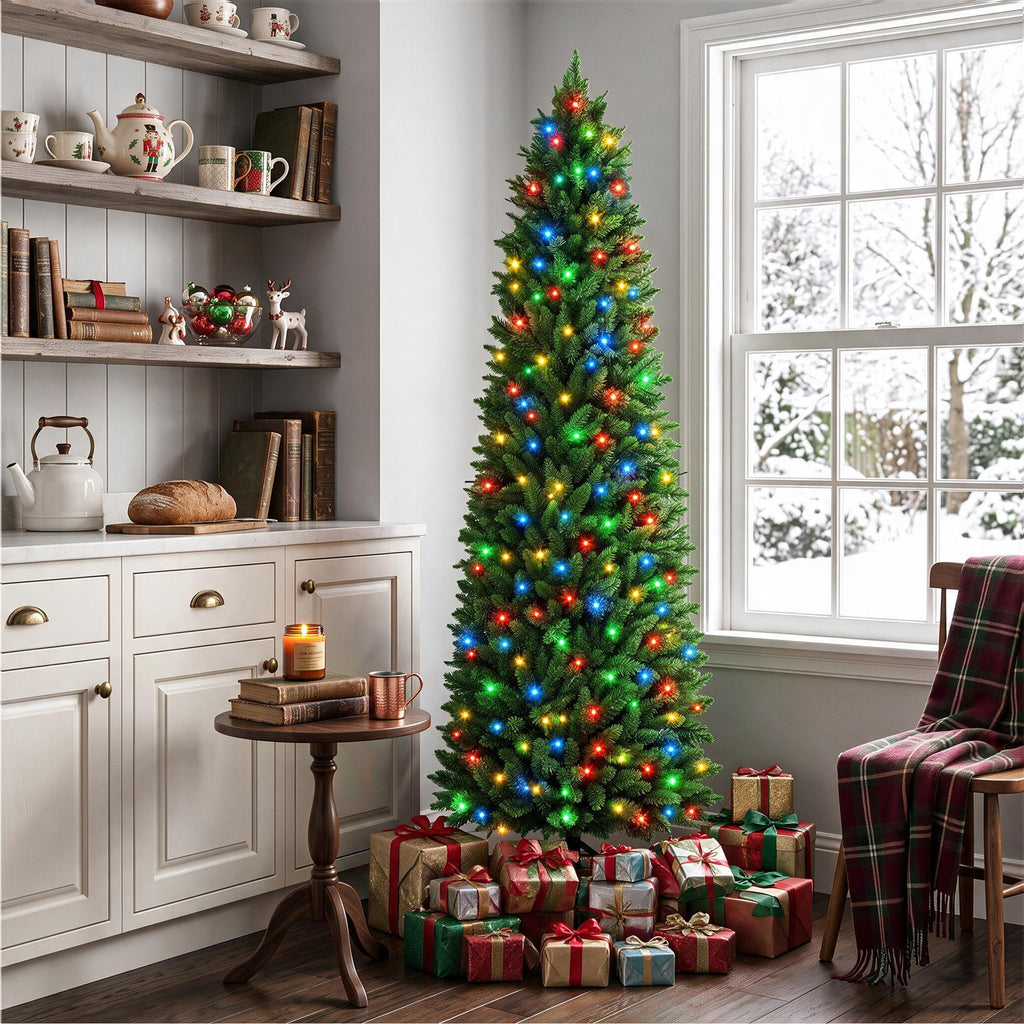 JIOABL Pre-Lit Fraser Fir Pencil Artificial Christmas Tree, Premium Multicolor LED Lights