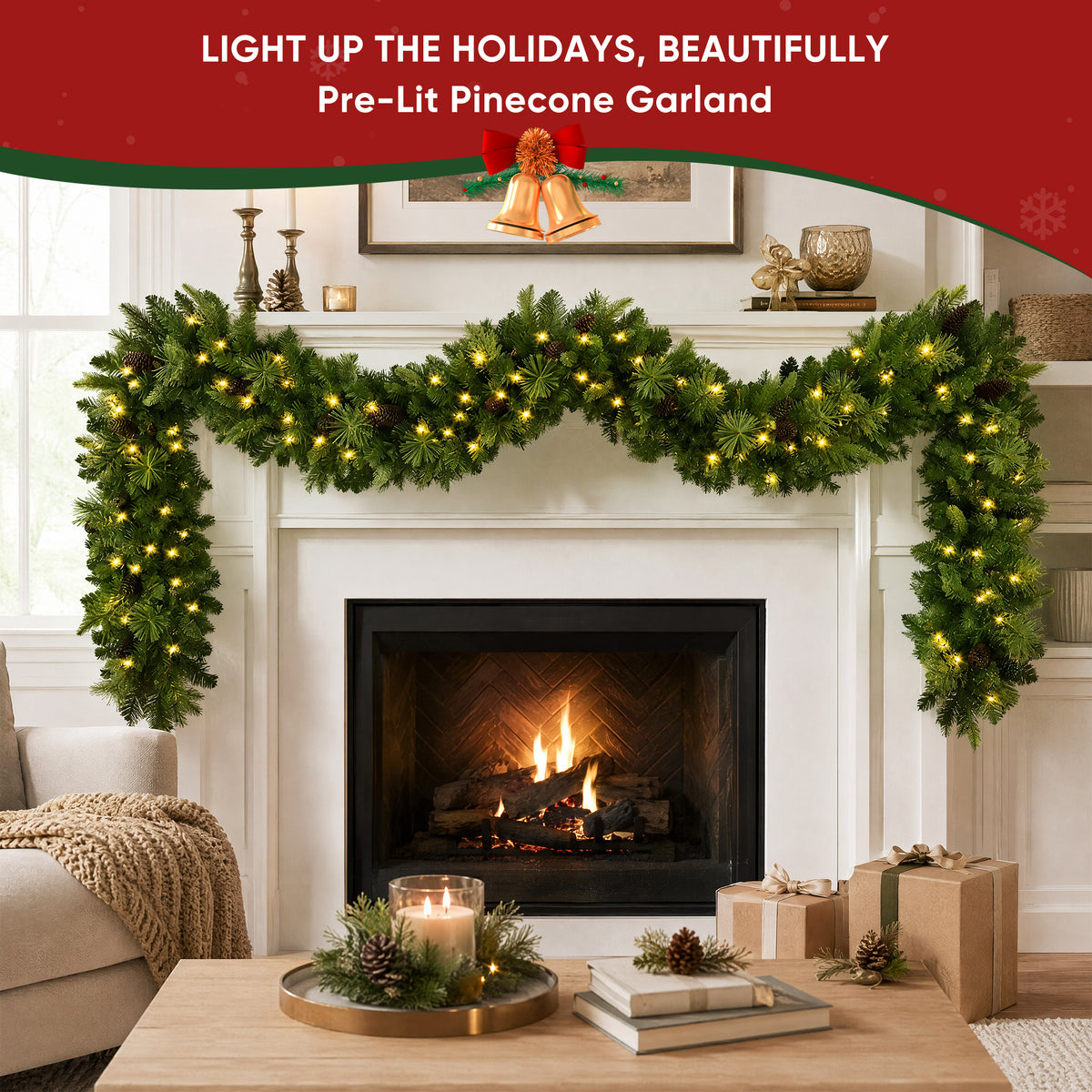 JIOABL 9 ft Pre-Lit Christmas Garland with Warm LED Lights, Artificial Pine Garland for Mantel, Staircase, Doorway and Holiday Decor