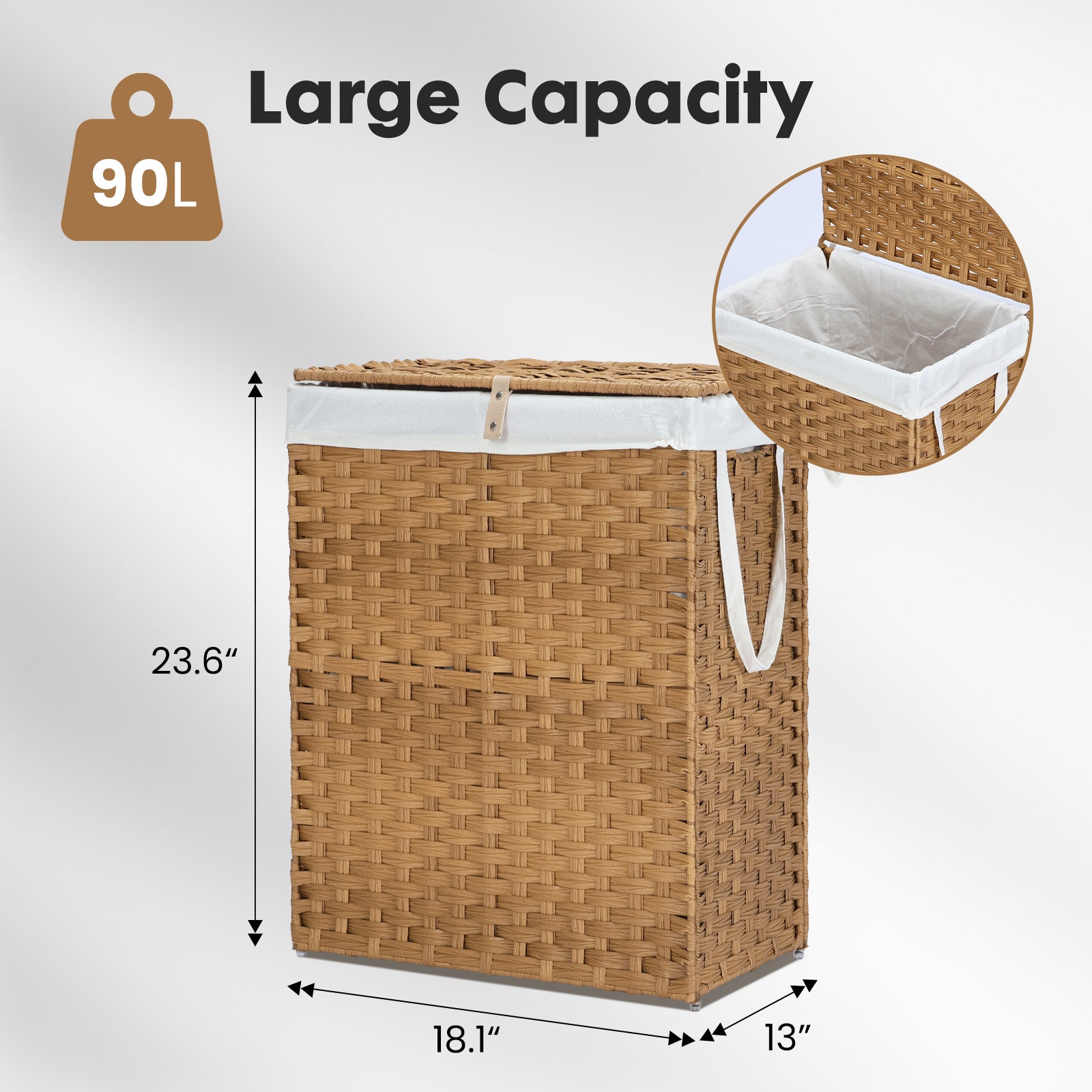 JIOABL Laundry Hamper with Lid, Clothes Hamper with Removable Liner Bags, Synthetic Rattan Laundry Basket for Clothes Toys in Bathroom Bedroom