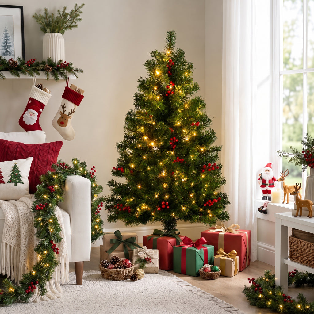 JIOABL Pre-Lit Artificial Spruce Christmas Tree, Pre-Decorated with Pinecones & Berries, Sturdy Metal Stand Base