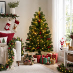 JIOABL Pre-Lit Artificial Spruce Christmas Tree, Pre-Decorated with Pinecones & Berries, Sturdy Metal Stand Base