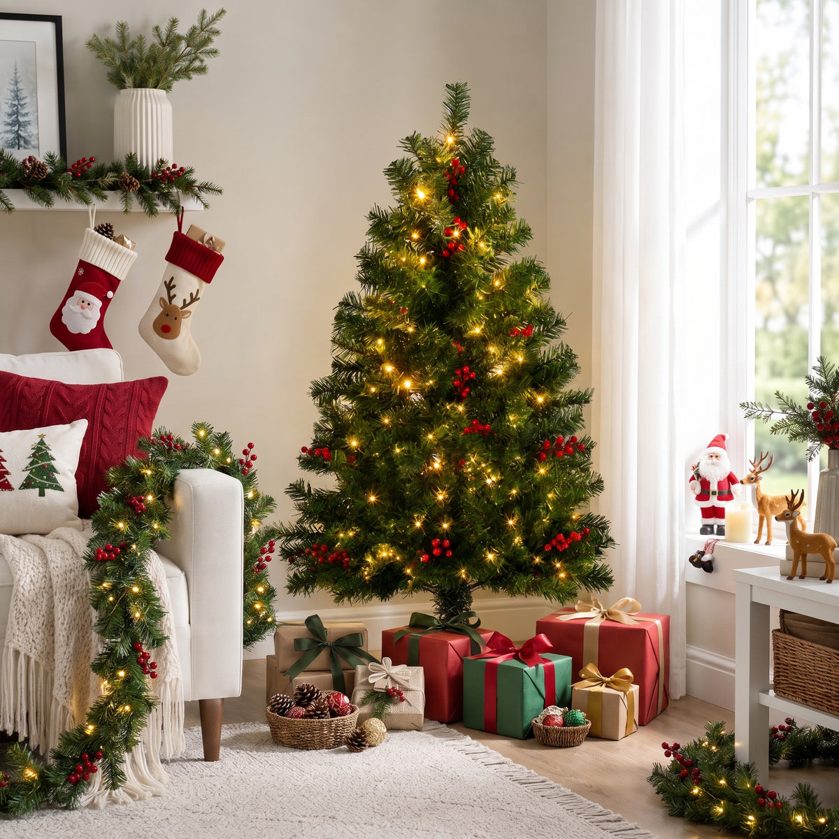 JIOABL Pre-Lit Artificial Spruce Christmas Tree, Pre-Decorated with Pinecones & Berries, Sturdy Metal Stand Base