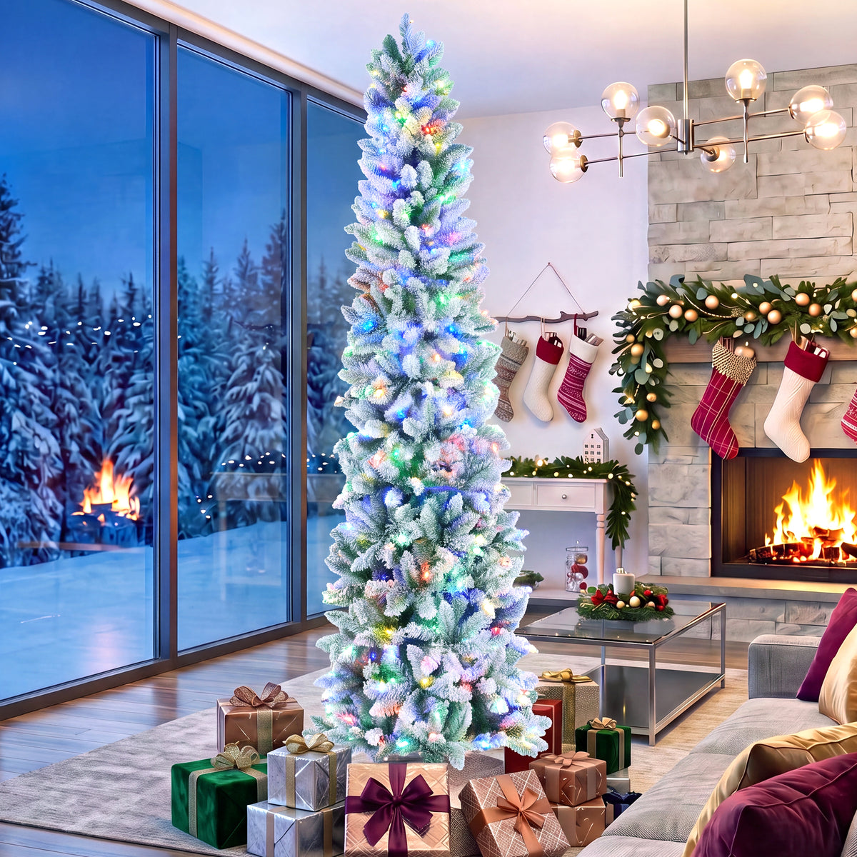 JIOABL Pre-Lit Fraser Fir Pencil Artificial Christmas Tree, Premium Multicolor LED Lights