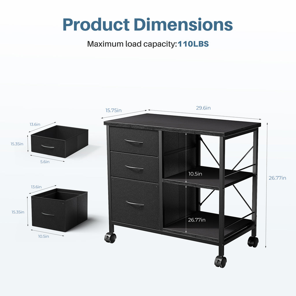 JIOABL 3-Drawer Mobile File Cabinet - Stylish Rolling Storage Solution with Open Shelf for Home Office