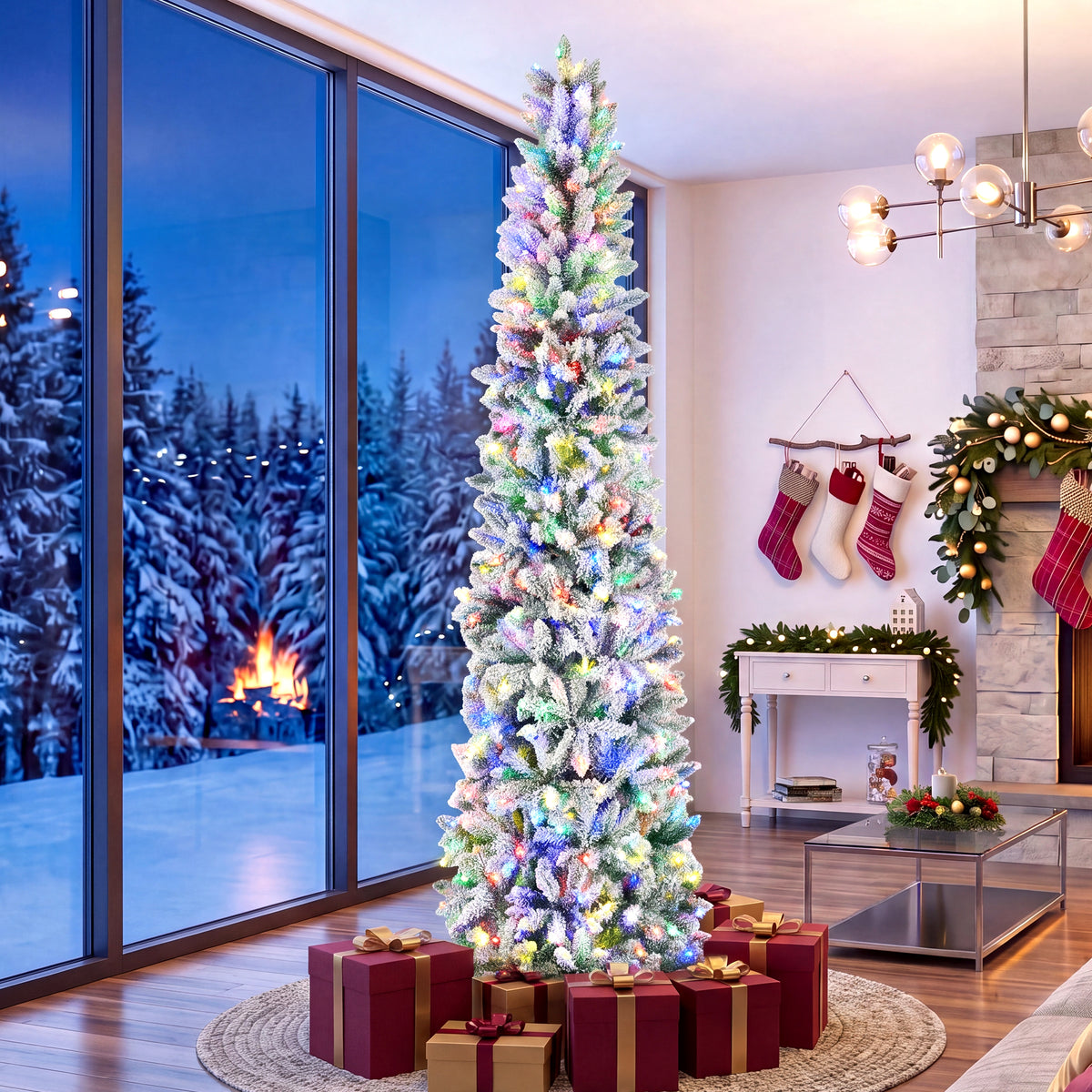 JIOABL Pre-Lit Fraser Fir Pencil Artificial Christmas Tree, Premium Multicolor LED Lights