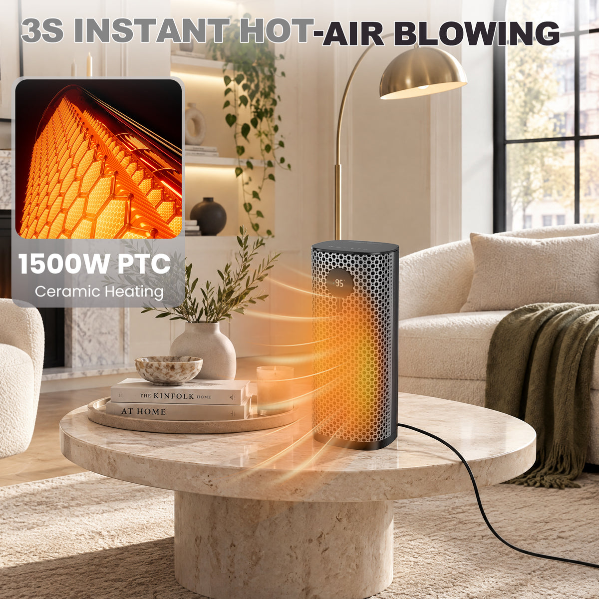 JIOABL Square Desktop Heater | 1500W, 5 Working Modes, 70° Oscillation, Quiet, Tip-Over and Overheat Safety Protection