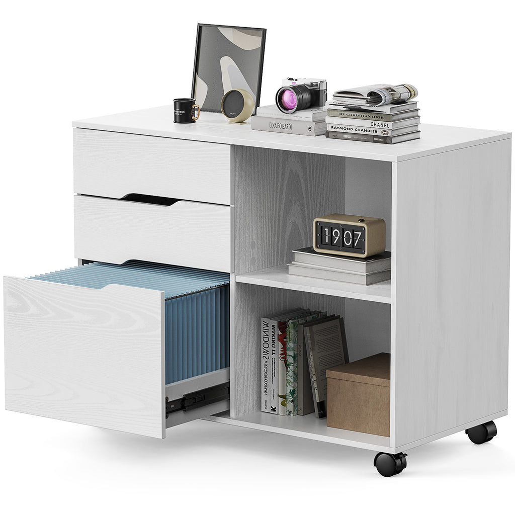 JIOABL 3-Drawer File Cabinet, Lateral Mobile Filing Cabinet Wood Storage Organizer with Wheels, Printer Stand & Open Shelves for Home Office