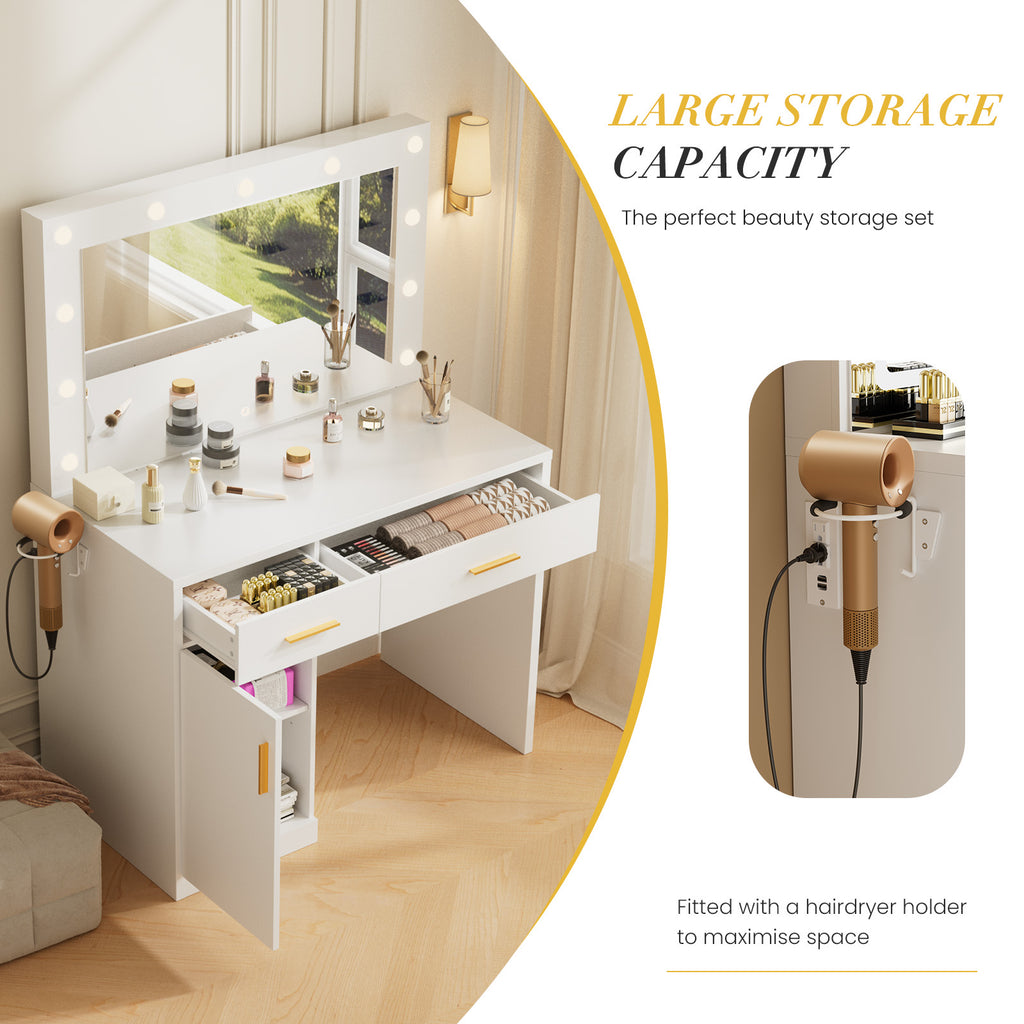 JIOABL Dressing Table with Mirror and Light, Adjustable Brightness Dressing Table with Drawers and Storage Shelves, White