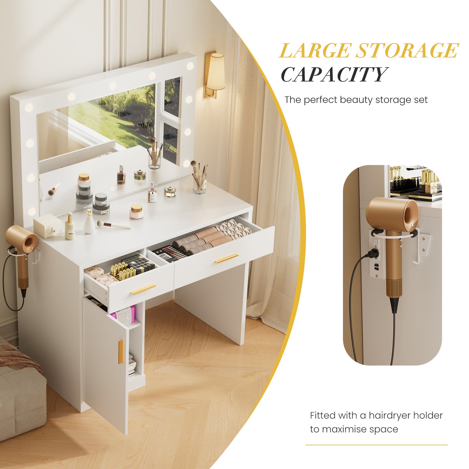 JIOABL Dressing Table with Mirror and Light, Adjustable Brightness Dressing Table with Drawers and Storage Shelves, White