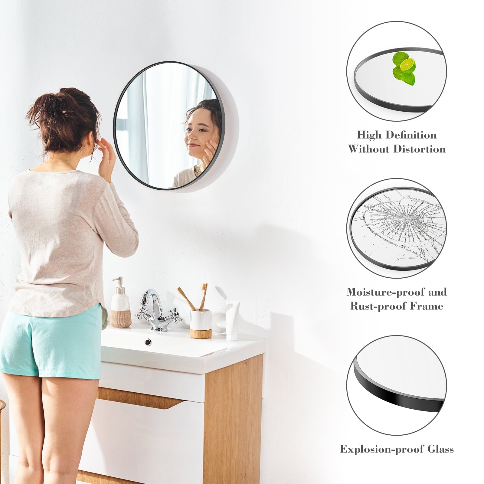JIOABL Round Mirror, Metal Frame Wall Mirror for Entryway, Bathroom, Vanity, Living Room, Modern Circular Mirro