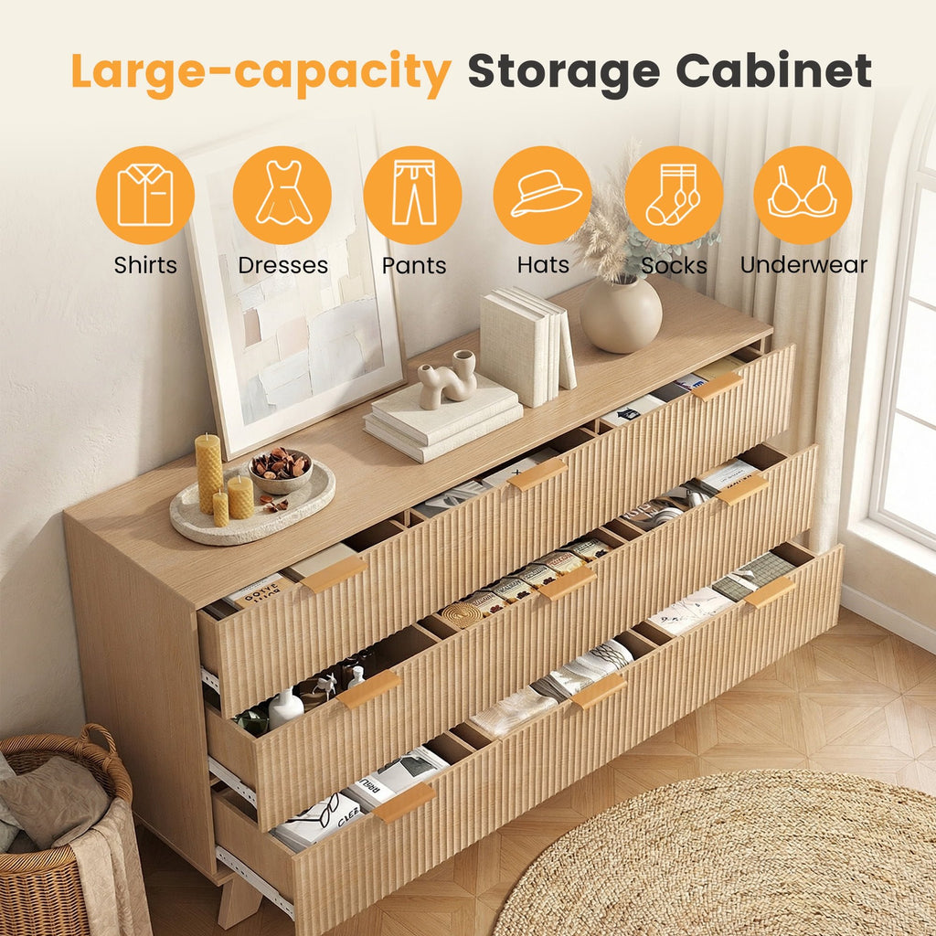 JIOABL Wood Dresser with Fluted Panel Design, Modern Storage Cabinet for Bedroom, Living Room, Hallway, Natural Oak