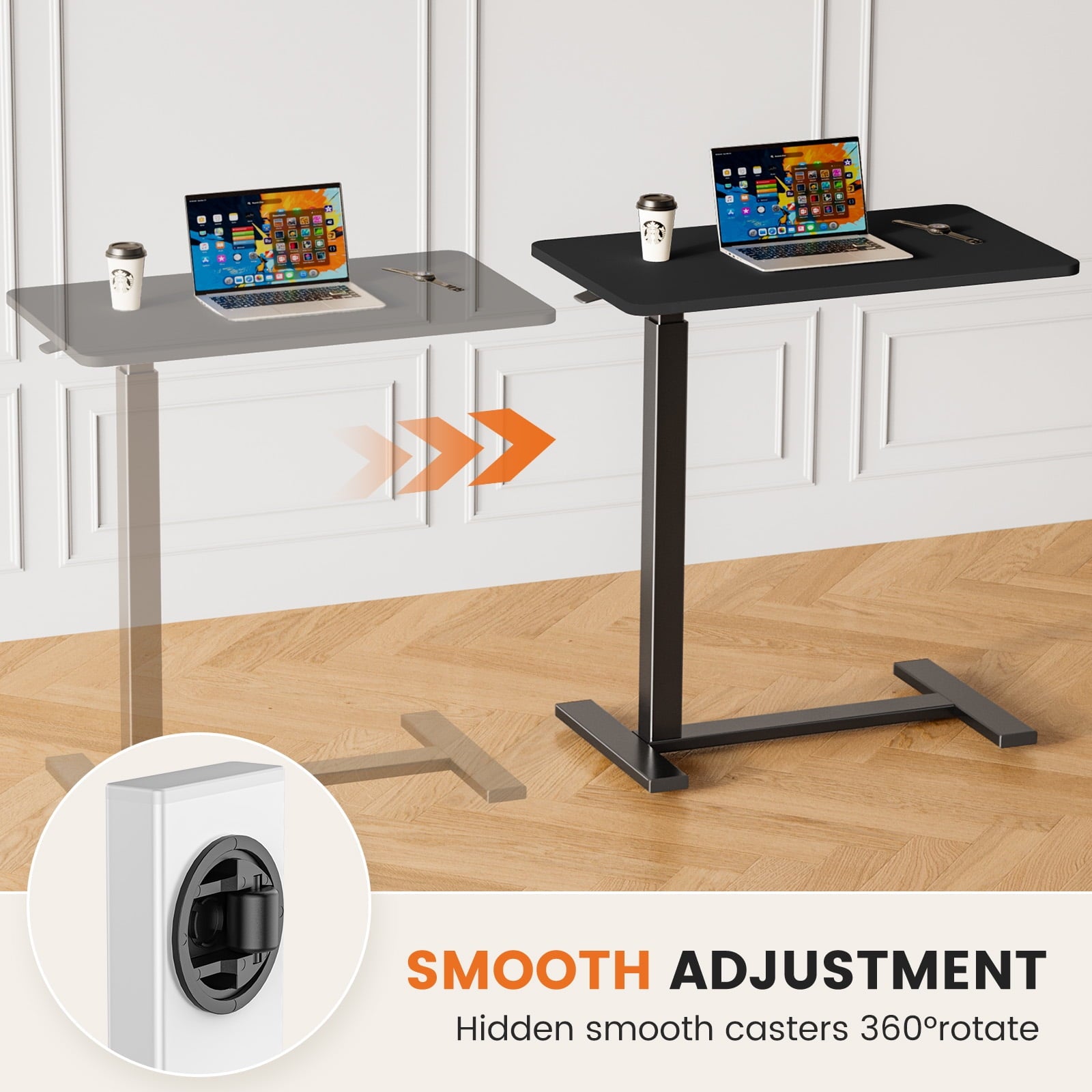JIOABL Adjustable Overbed Bedside Table with Hidden Wheels for Hospital