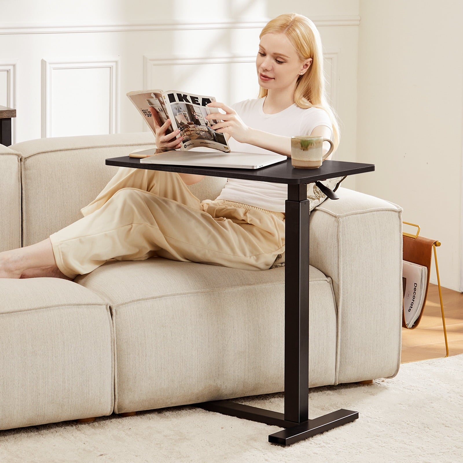 JIOABL Adjustable Overbed Bedside Table with Hidden Wheels for Hospital