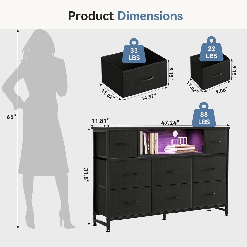 JIOABL TV Stand with  Fabric Drawers & Power Outlet, LED TV Console with USB & Type-C, Storage Dresser for Living Room