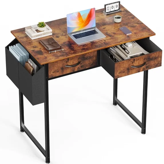 JIOABL Small Desk with 2 Drawers 32 Inch Bedroom Kids Student Vanity Home Office Computer PC Table with Fabric Storage Bag, Study Writing Wood Deskboard for Small Spaces,White