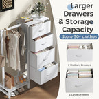 JIOABL 4 Drawer Dresser with Hanging Rack, Steel Frame, Fabric Drawers, Tall Storage Organizer for Bedroom