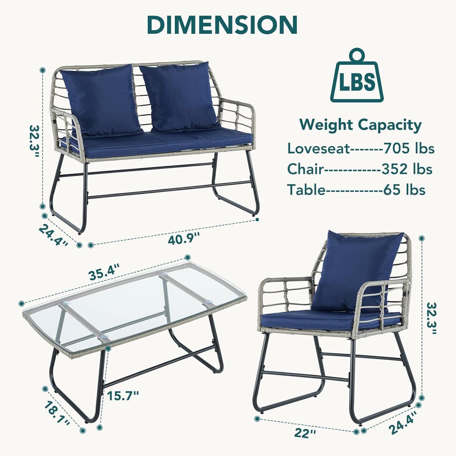 JIOABL Outdoor Bistro Set, Wicker Chairs & Glass Top Table for Patio, Balcony, Porch, Backyard