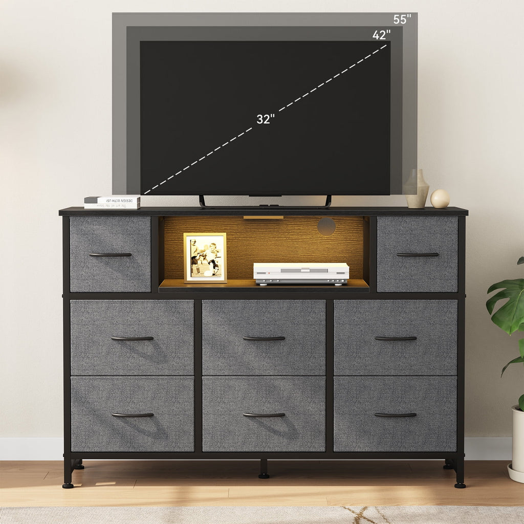 JIOABL TV Stand with  Fabric Drawers & Power Outlet, LED TV Console with USB & Type-C, Storage Dresser for Living Room