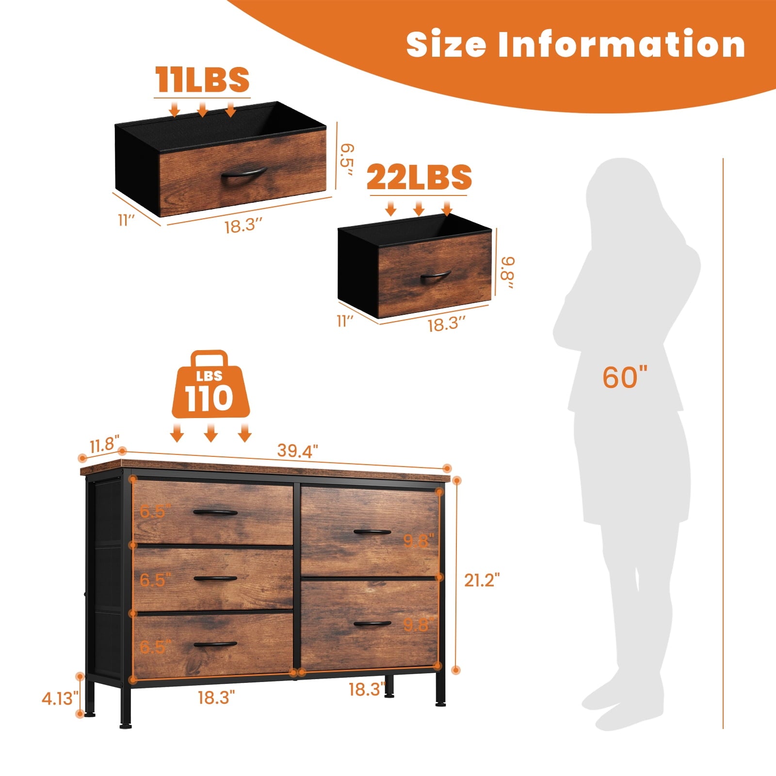 JIOABL 5-Drawer Dresser with Drawer Organizers for Bedroom, Living Room, or Closet