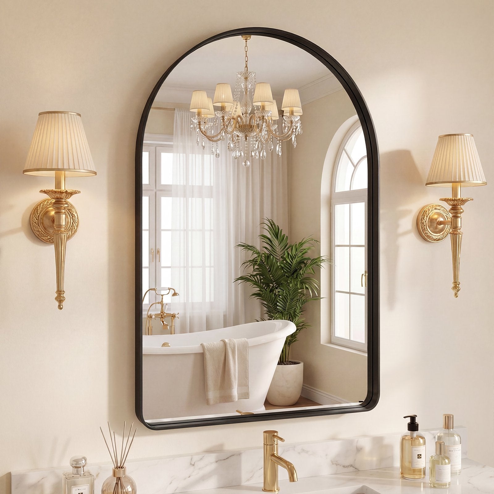 JIOABL Arched-Top Rectangular Wall-Mounted Mirror – Aluminum Frame, HD Tempered Glass, Perfect for Bathroom, Bedroom & Living Room