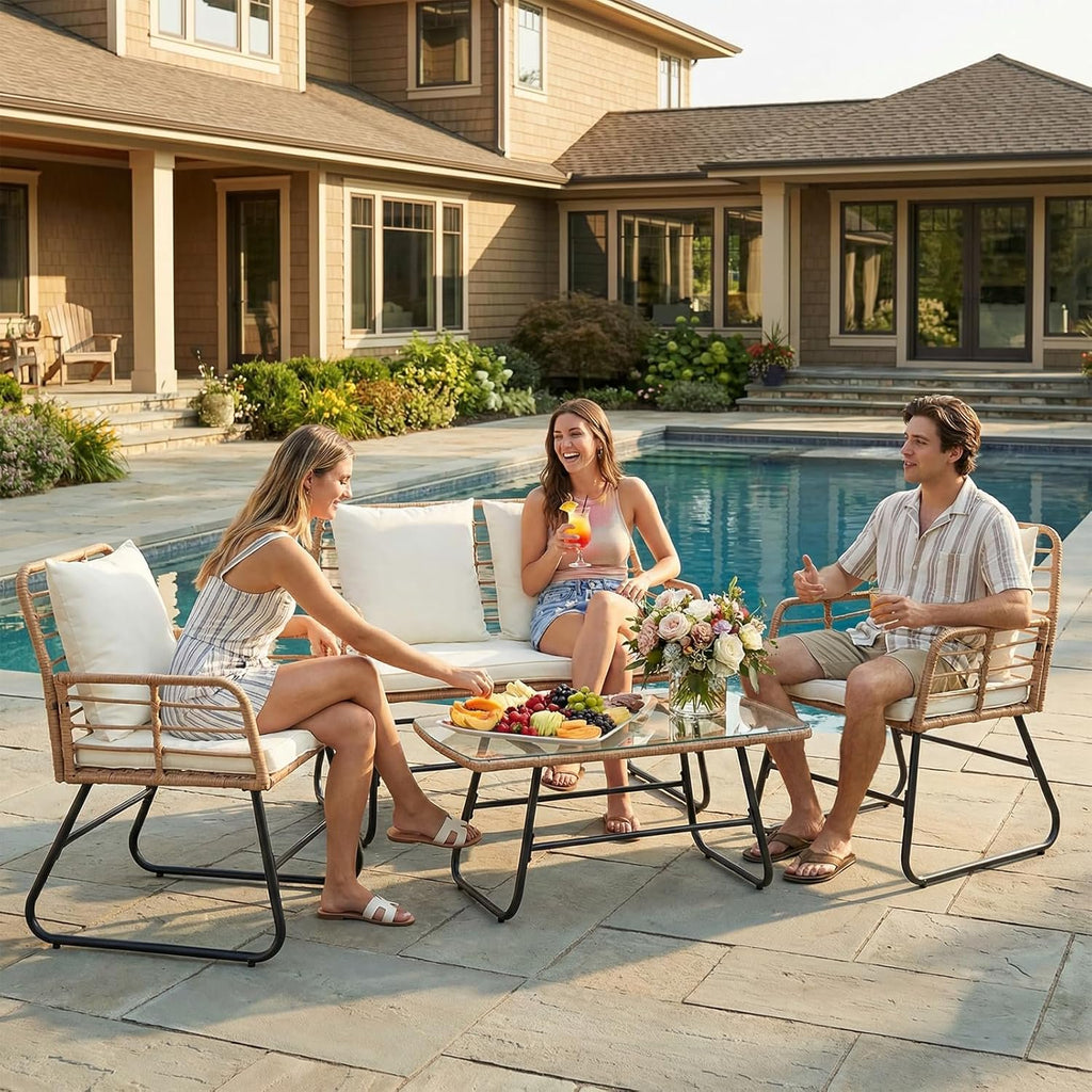 JIOABL Outdoor Bistro Set, Wicker Chairs & Glass Top Table for Patio, Balcony, Porch, Backyard
