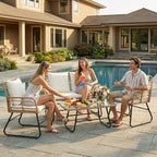 JIOABL Outdoor Bistro Set, Wicker Chairs & Glass Top Table for Patio, Balcony, Porch, Backyard