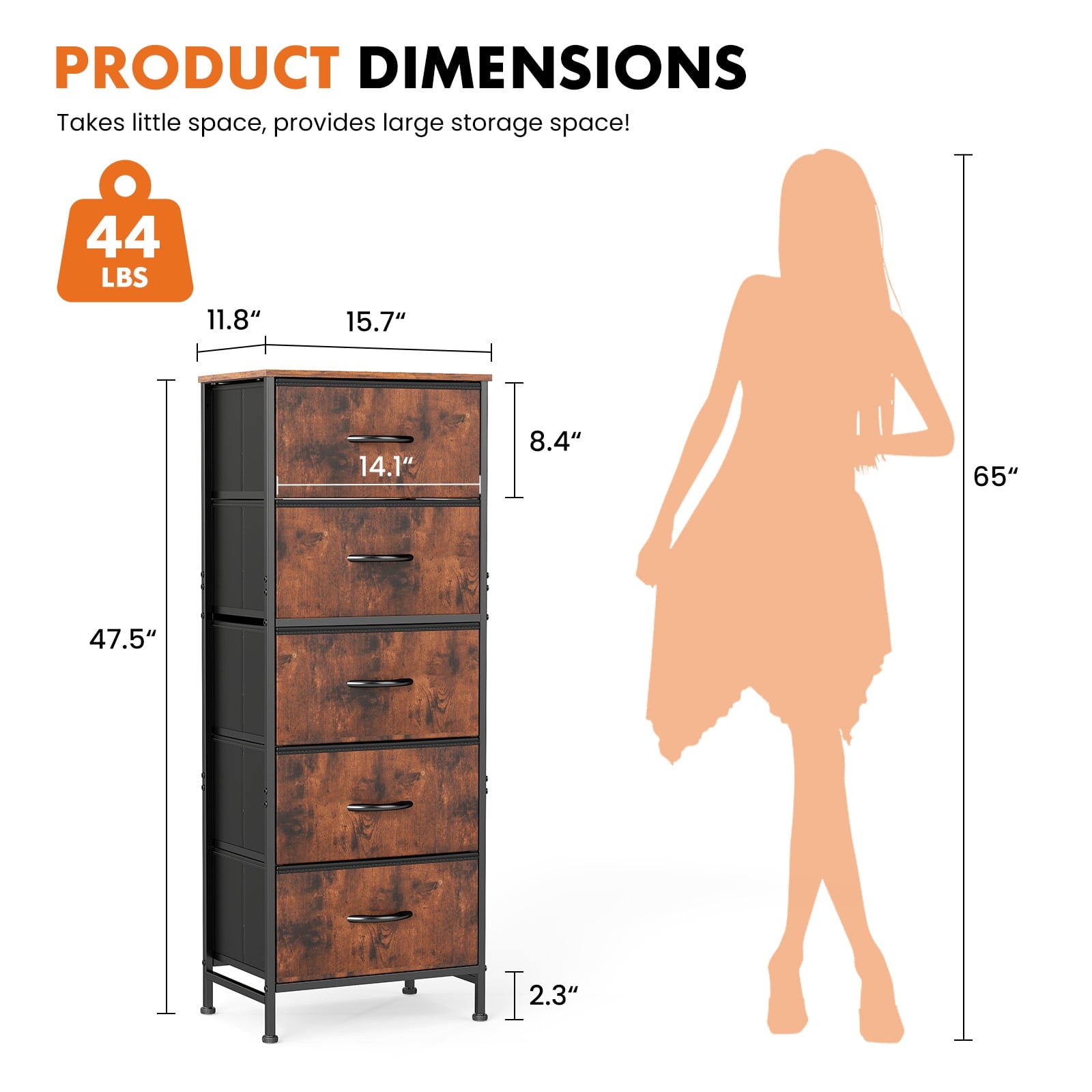 JIOABL 5-Drawer Fabric Dresser with Metal Frame and Wooden Top TV Stand - Perfect for Clothes, Living Room, Hallway, Entryway
