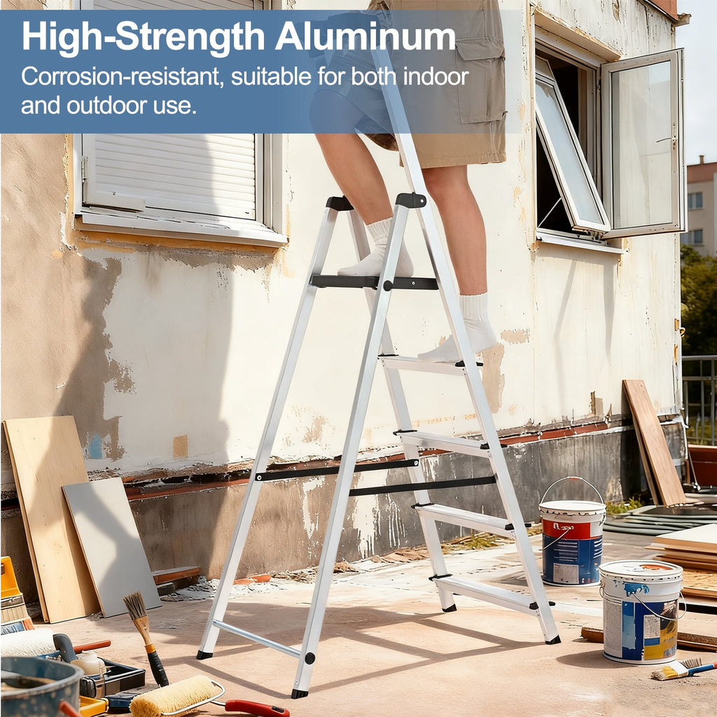 JIOABL Aluminum Folding Ladder, 330 lbs Capacity with Wide Non-Slip Steps, Steel Platform, Slim Fold Design