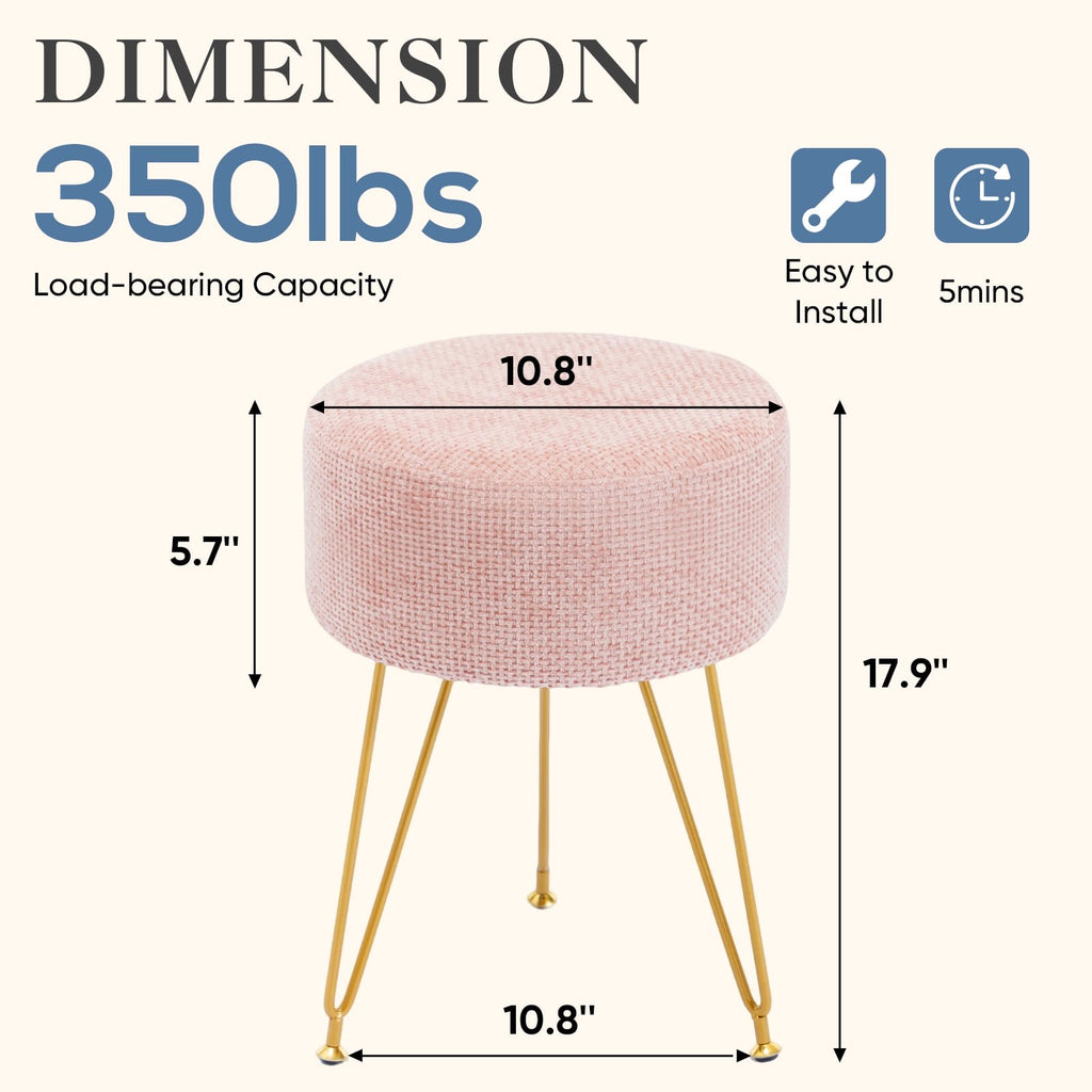 JIOABL Ottoman Foot Stool & Vanity Stool, 350lbs Capacity, Thick Cushion, Gold Metal Legs, for Bedroom & Living Room