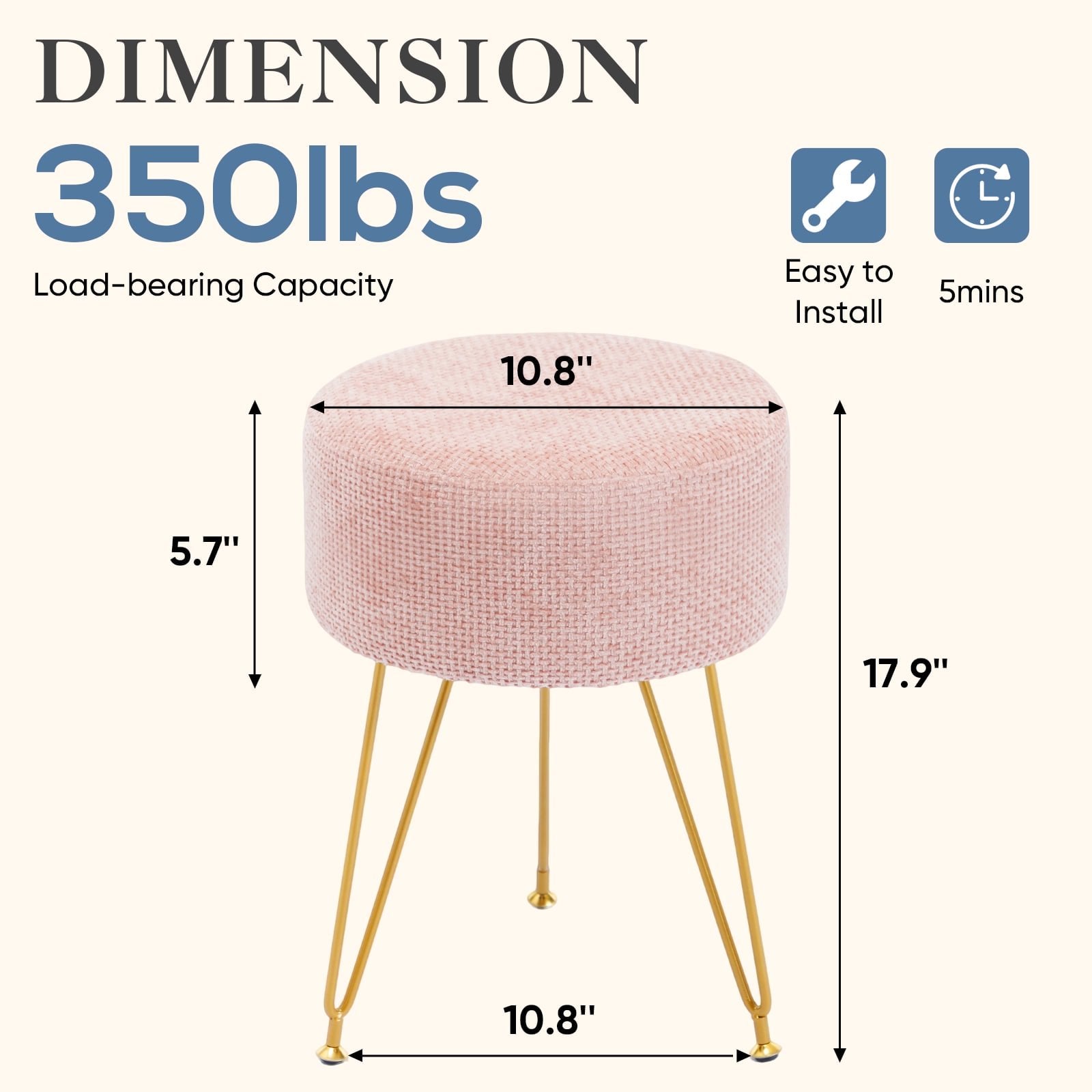 JIOABL Ottoman Foot Stool & Vanity Stool, 350lbs Capacity, Thick Cushion, Gold Metal Legs, for Bedroom & Living Room