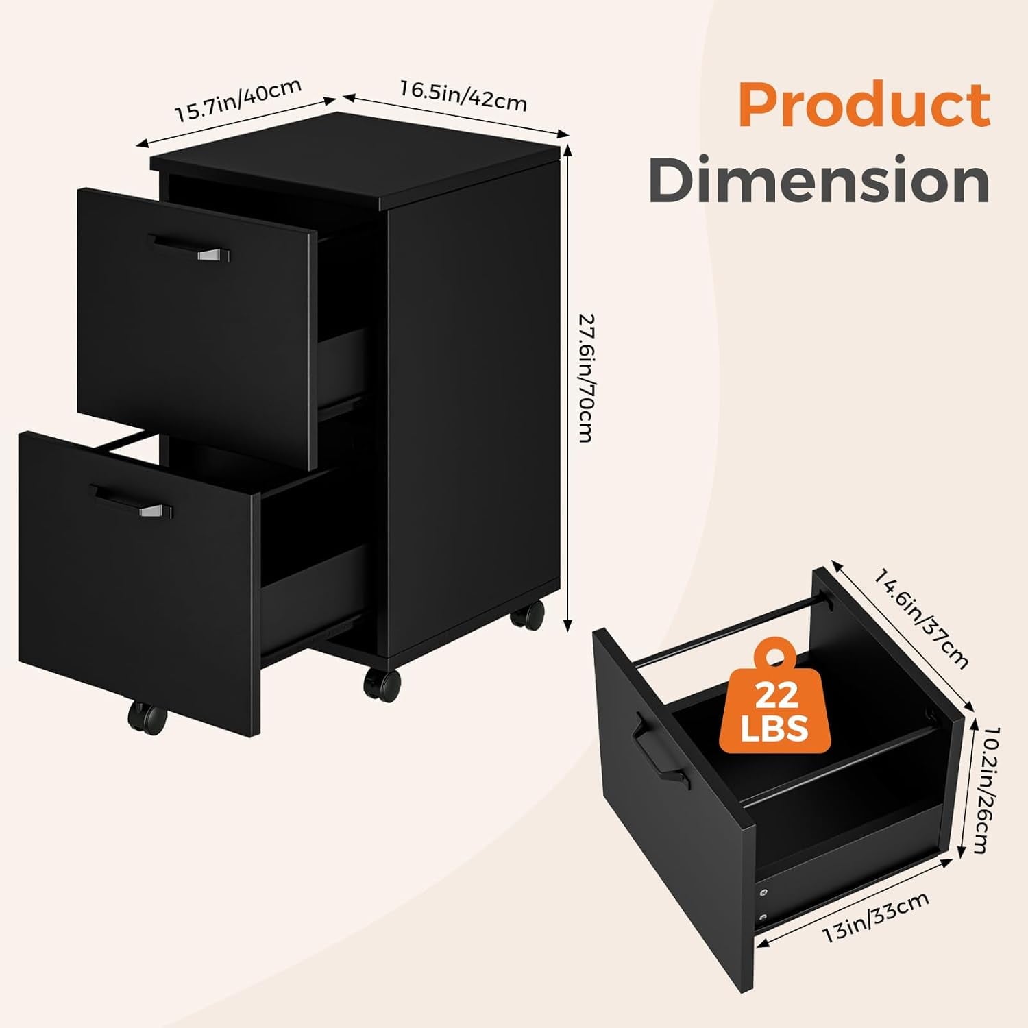 JIOABL 2 Drawer Rolling File Cabinet with Lockable Wheels, Mobile Printer Stand with Storage, Steel Frame, 1 Set