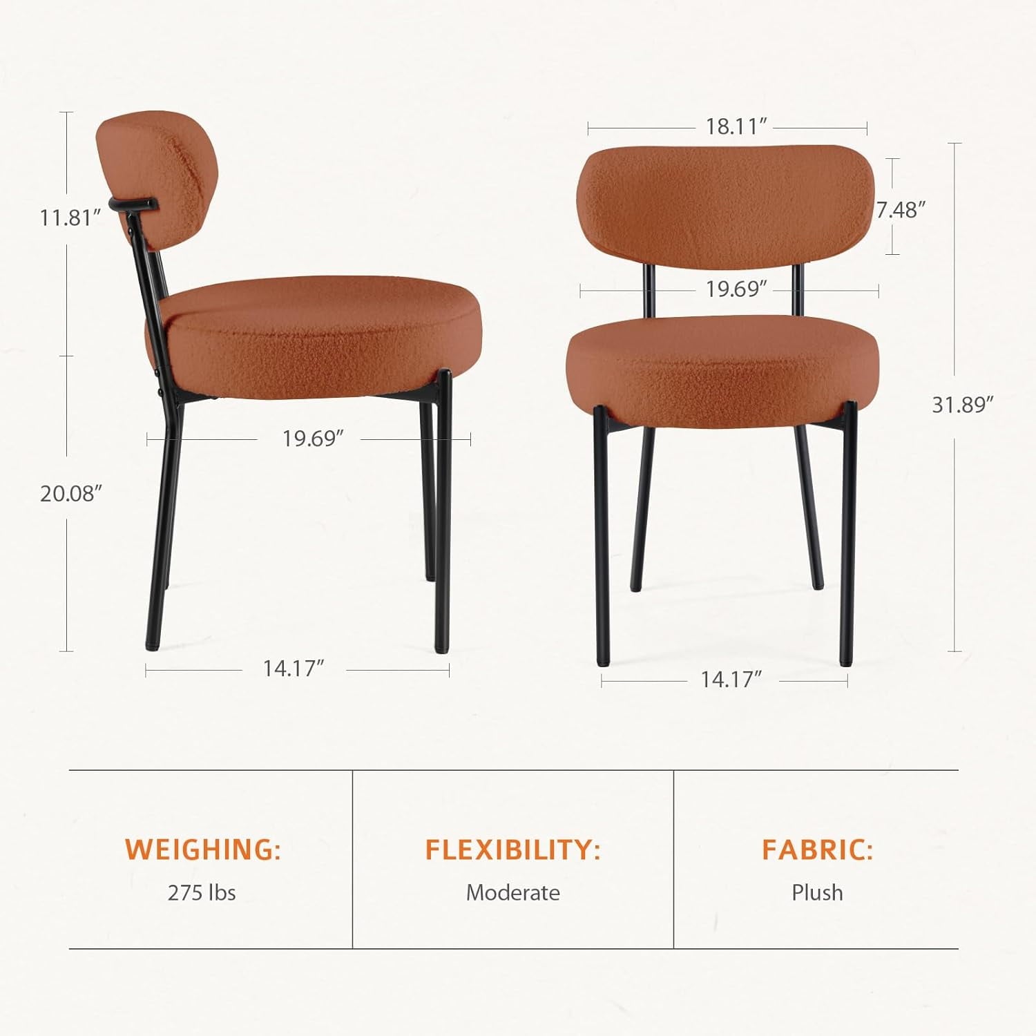 JIOABL Dining Chairs, Boucle Upholstered Kitchen Chairs with Curved Backrest & Metal Legs, Mid Century Modern Round Dining Room Chairs for Vanity, Living Room
