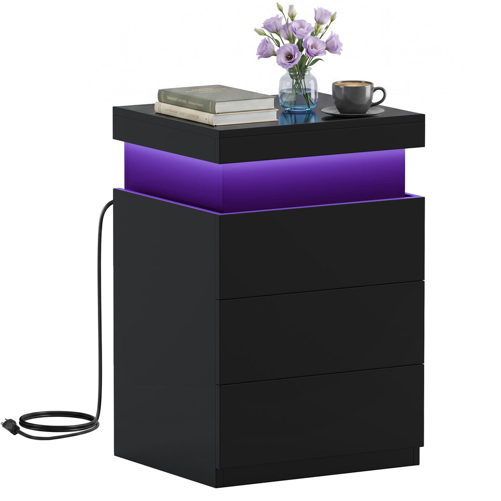 JIOABL Nightstand with Charging Station and RGB LED Light, 3 Drawers, Sliding Top, Bedside Table for Bedroom, Living Room and Dorm