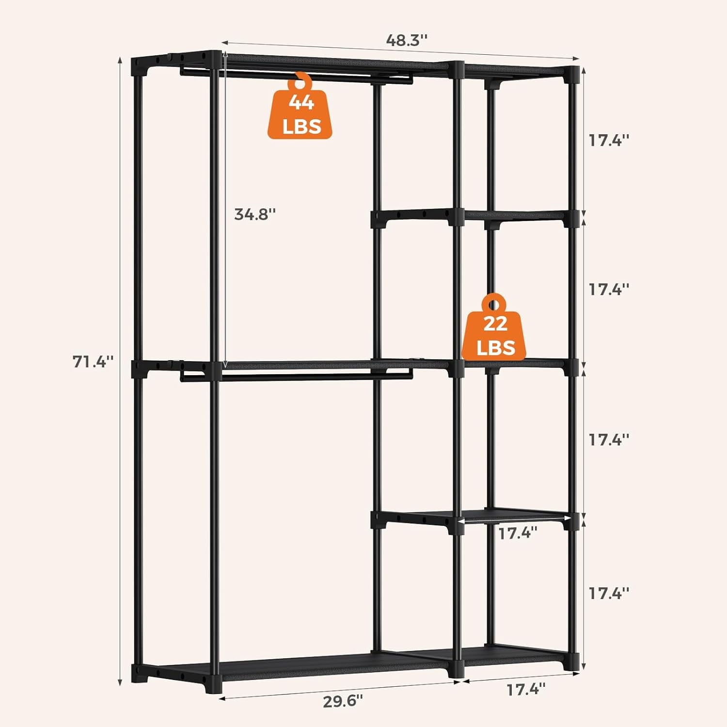 JIOABL Portable Clothes Rack with Shelves, Freestanding Closet Organizer with Hanging Rods for Bedroom, Entryway