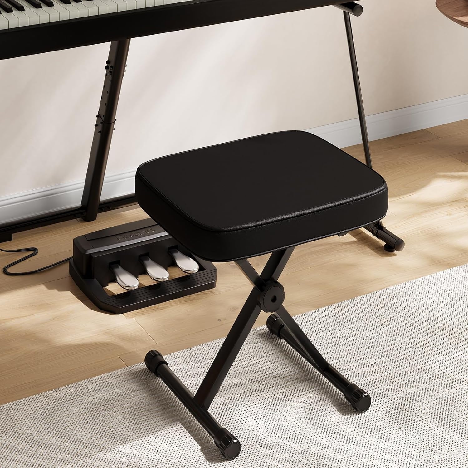 JIOABL Adjustable Piano Bench, X-Frame Music Stool with Padded Seat, Steel Frame, Cushion for Piano Keyboard Stand
