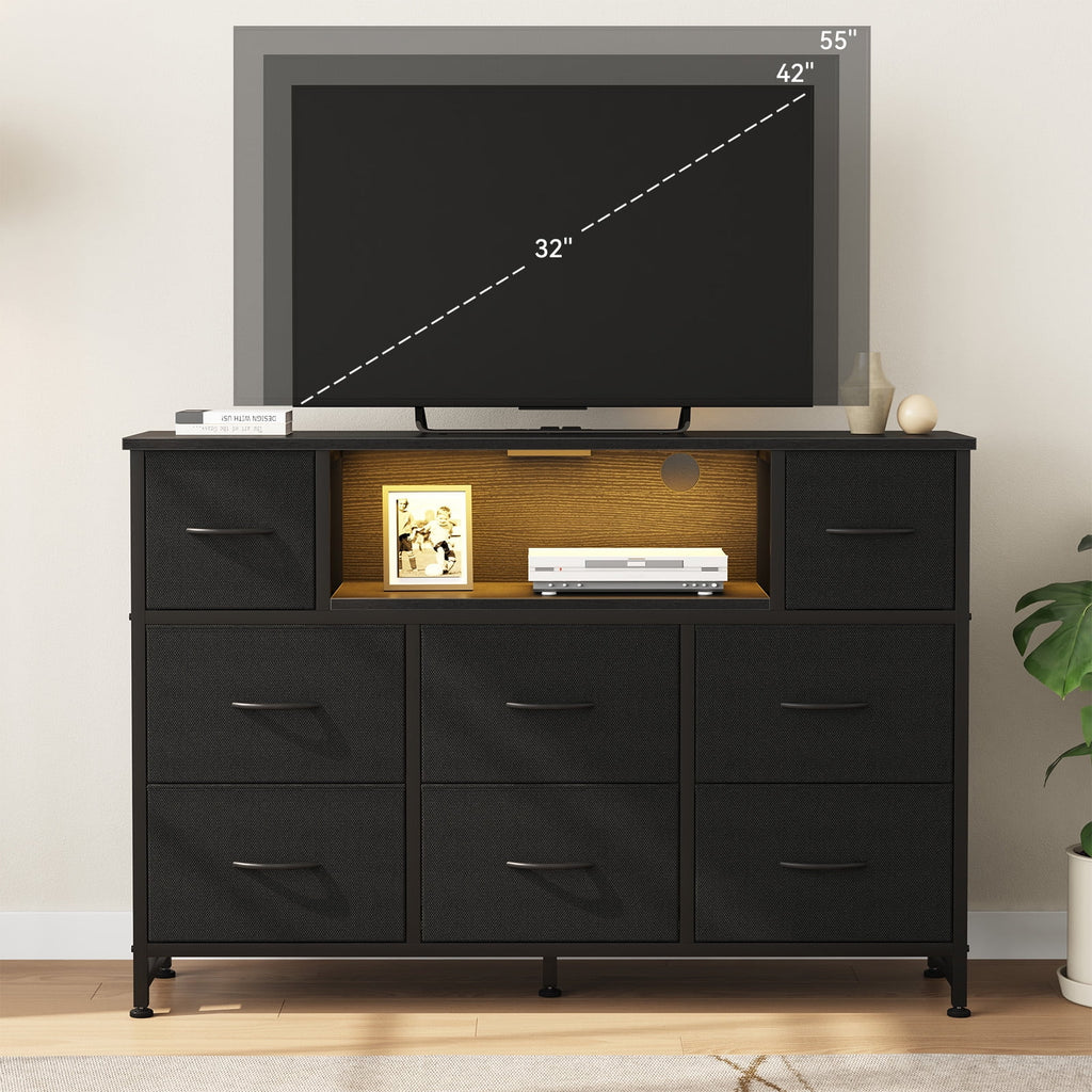 JIOABL TV Stand with  Fabric Drawers & Power Outlet, LED TV Console with USB & Type-C, Storage Dresser for Living Room